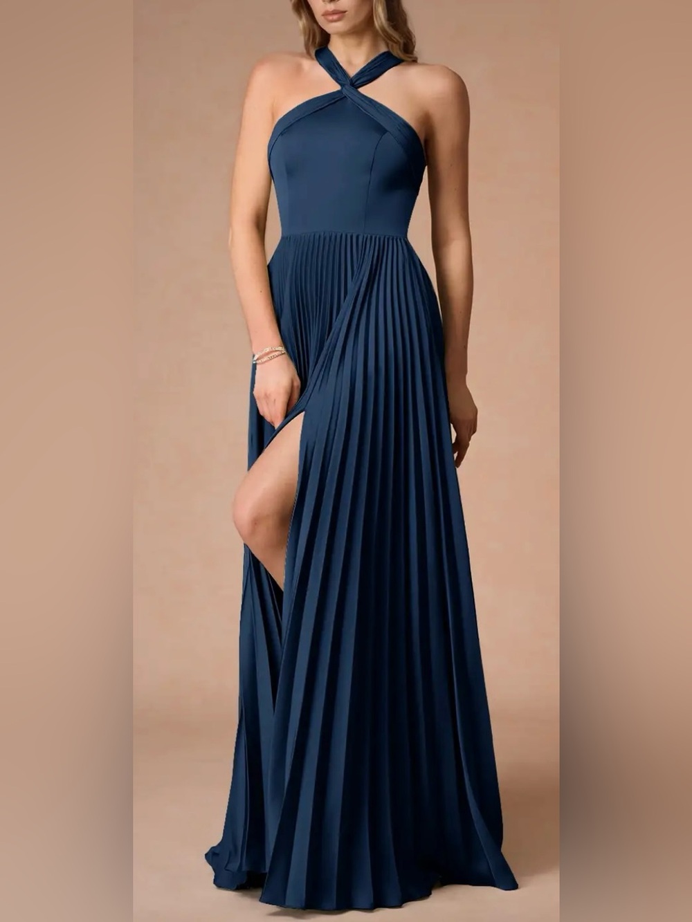 Azazie Navy One-Shoulder Cross Halter Pleated Evening Gown